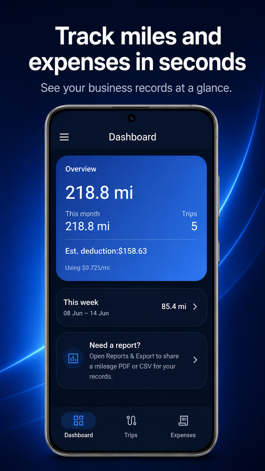 MileDock dashboard showing business mileage totals and estimated deduction