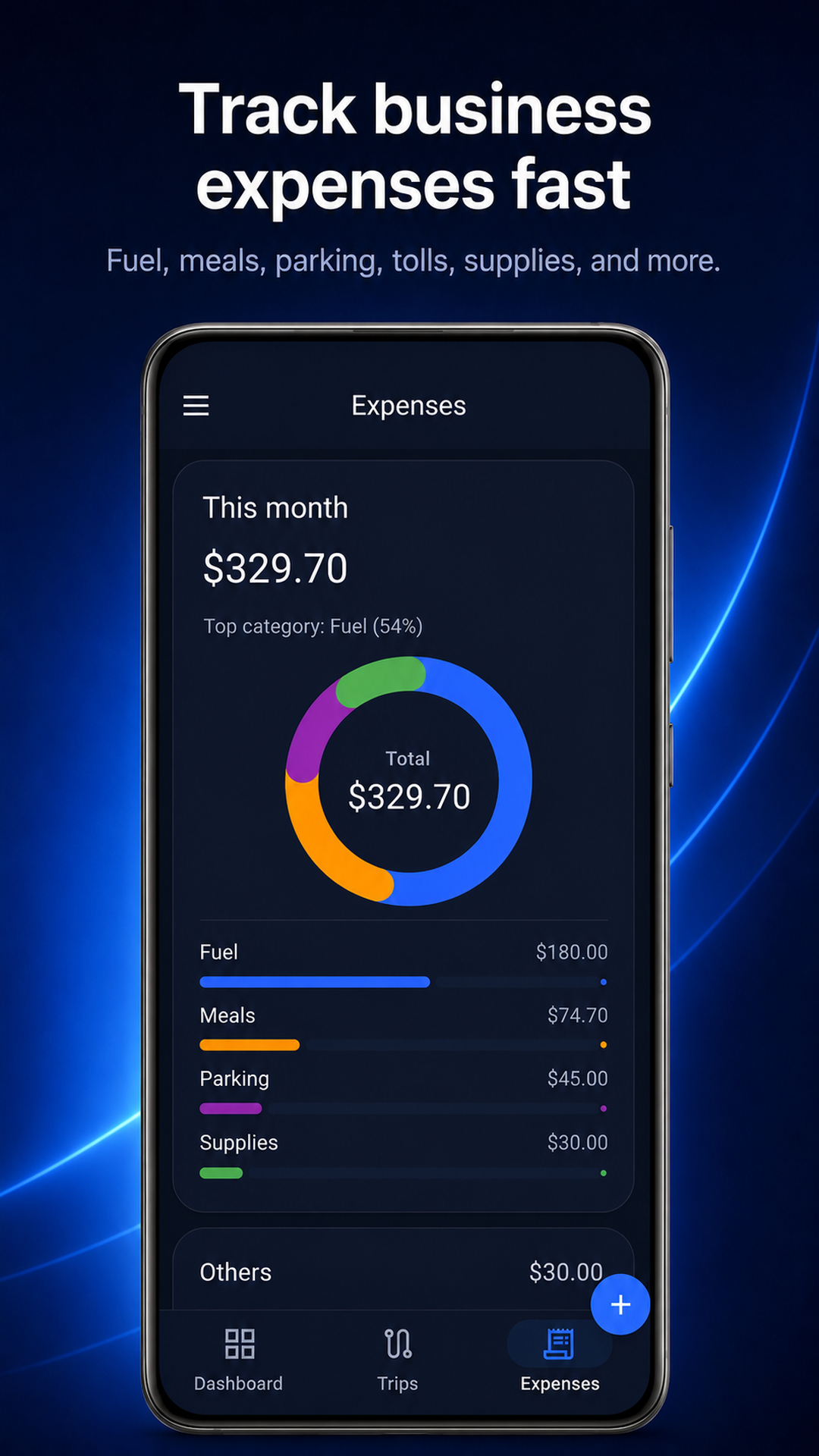MileDock expense tracker with fuel, meals, parking, and supplies