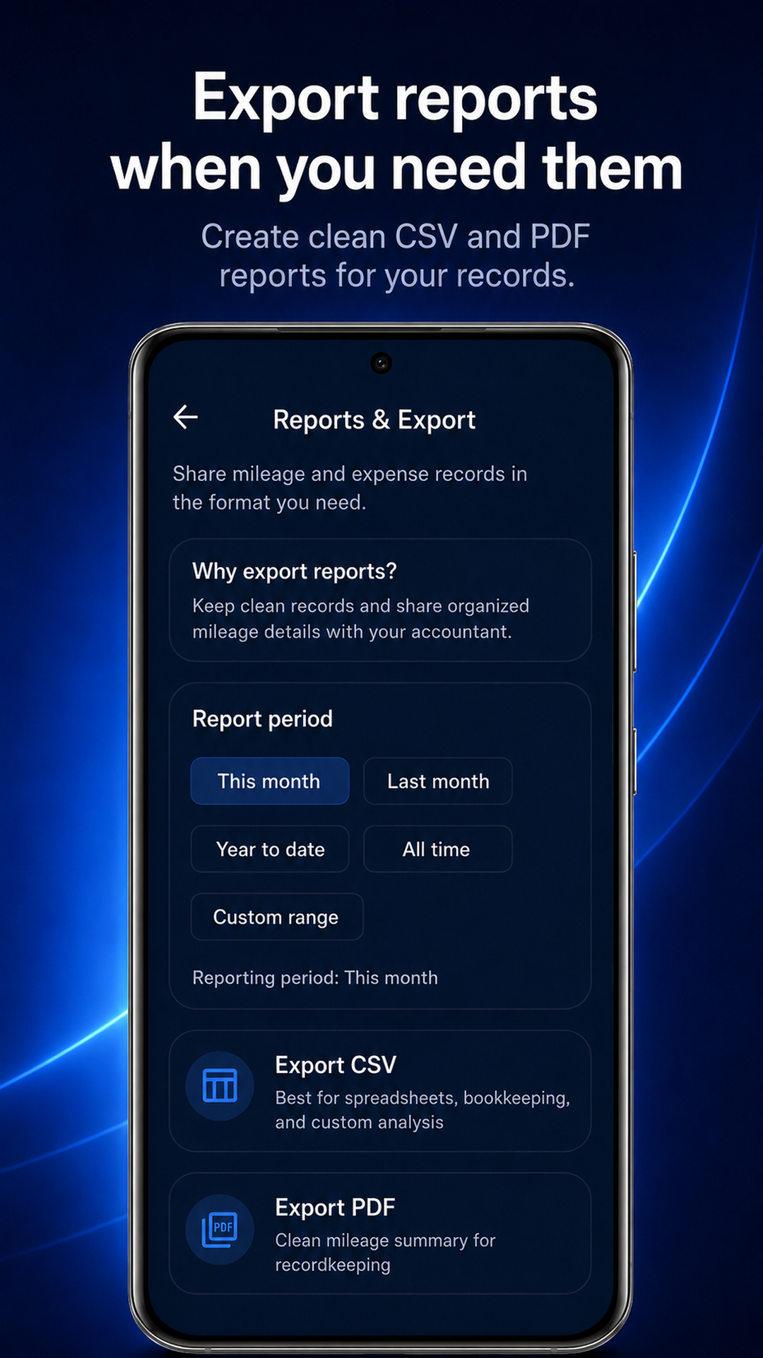 MileDock CSV and PDF report export screen