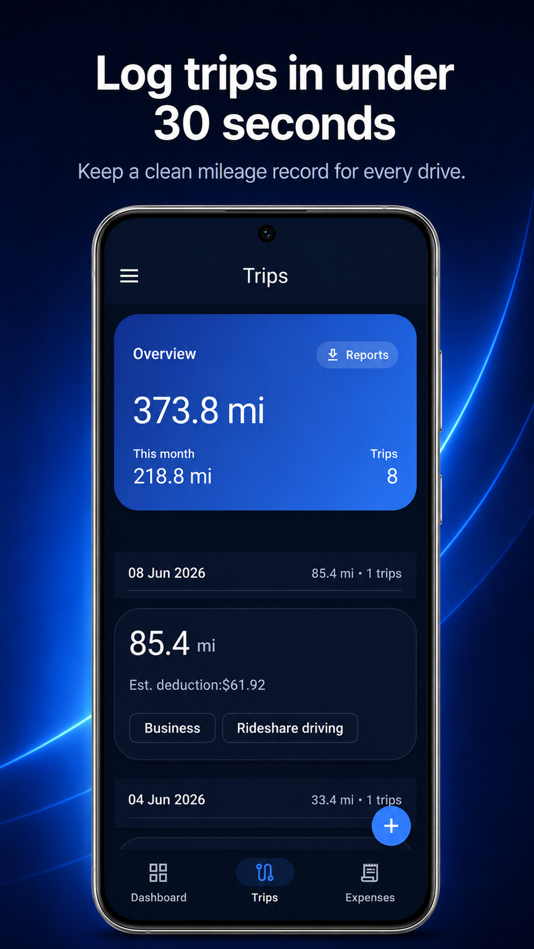 MileDock trips list with business trip labels and mileage totals
